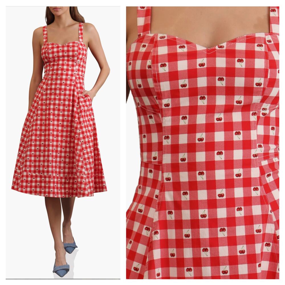 [Avec Les Filles] Cherry Gingham Sweetheart Neck Fit & Flare Midi Dress NWT 14
